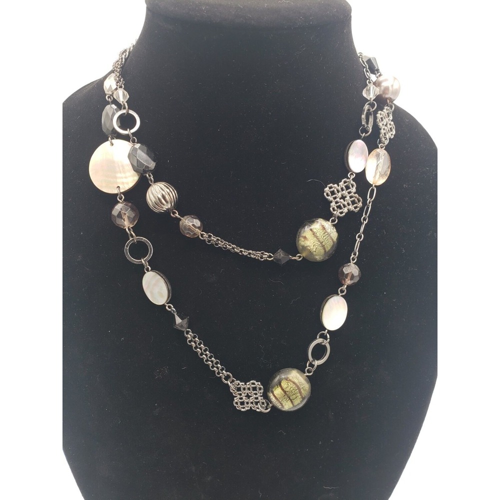 Lia Sophia Double Strand Necklace Womens 18" Silver Tone Pearls Abalone‎ Beads